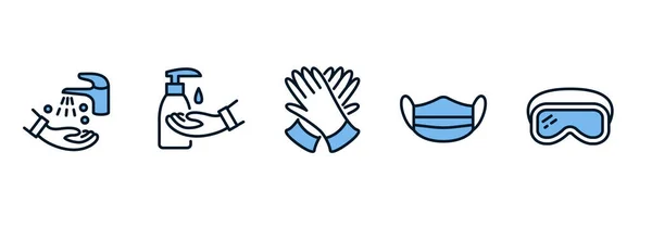 Индивидуальное защитное оборудование плоская линия значок набор синий цвет. Сантехника, гигиена рук, перчатки, очки, медицинская маска — стоковый вектор