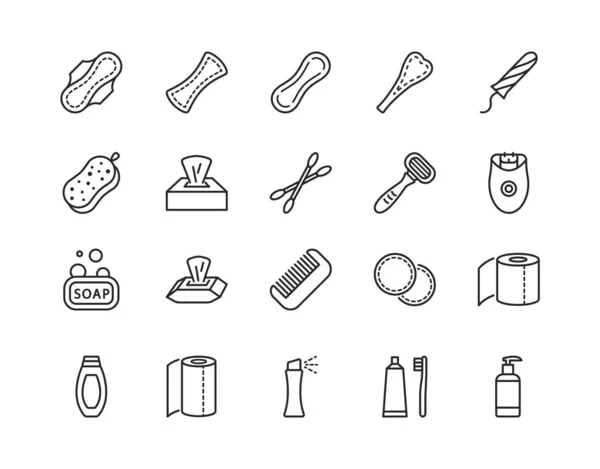 Produtos de higiene pessoal conjunto de ícones de linha plana. Almofadas sanitárias, sabão, toalhas, almofadas de algodão, guardanapo de escova de dentes, navalha. Ataques editáveis — Vetor de Stock