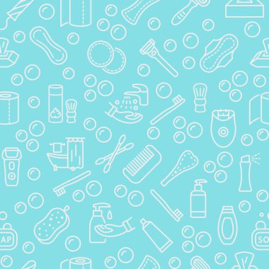 Vektör çizgisi simgesiyle kusursuz desen. Kişisel hijyen ürünleri. Mavi arkaplan rengi ve beyaz semboller. Kadınlar ve erkekler bireysel hijyen ürünleri