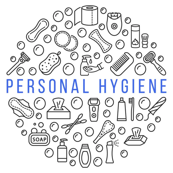 Personal hygiene products circle banner with line flat icon. Vector illustration hygiene for people. Any text can be used in the center. — Stock Vector