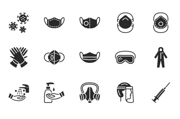 Covid-19 protection equipment and clothing glyph icon. Various types of protective masks and respirators and gloves,goggles, medical suit, face shield. Black silhouette. — Stock Vector