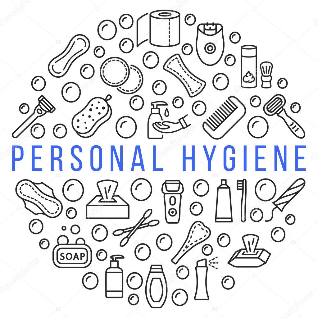 Personal hygiene products circle banner with line flat icon. Vector illustration hygiene for people. Any text can be used in the center.