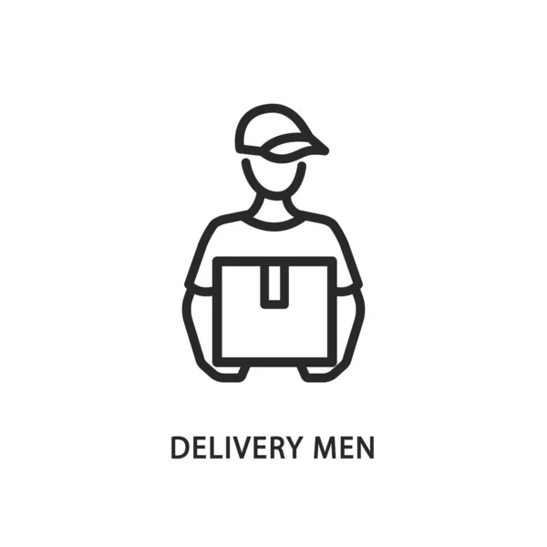 Consegna uomini linea icona piatta. Illustrazione vettoriale: un uomo con un cappello tiene in mano una scatola. Postino. Consegna express all'appartamento — Vettoriale Stock