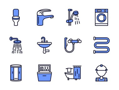 Tesisat düz çizgi simgesi mavi renk ayarlandı. Vektör illüstrasyon su, tesisatçı, musluk, küvet, tuvalet, duş kabini, lavabo, çamaşır makinesi, bulaşık makinesi. Düzenlenebilir vuruşlar