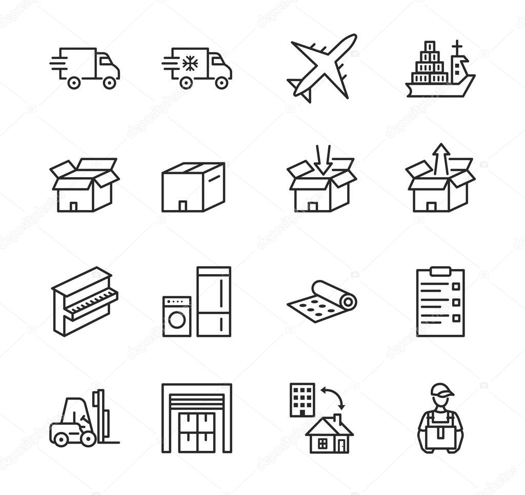 Transport company flat line icon set. Vector illustration moving company. Transportation of cargo. Worldwide delivery. Editable strokes.