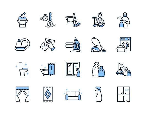 Cleaning service flat line icons set blue color. Vector illustration sections of cleaning company services. Editable strokes. — Stock Vector