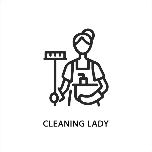 Limpeza senhora linha plana ícone. Vetor mulher ilustração com uma esfregona e uma bacia. Empregada doméstica — Vetor de Stock
