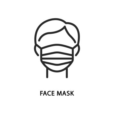 Koruyucu tıbbi maske takan bir adam düz çizgi ikonu giyiyor. Güvenlik maskesi içinde vektör illüstrasyon yüzü.
