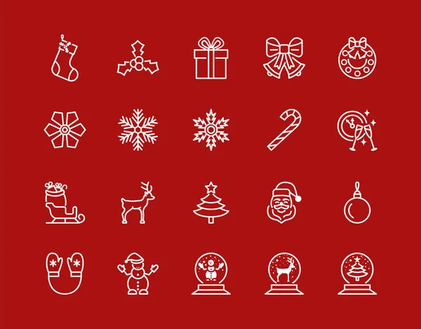 Christmas and New Year flat line icon set white color on a red background. Editable strokes — Stock Vector