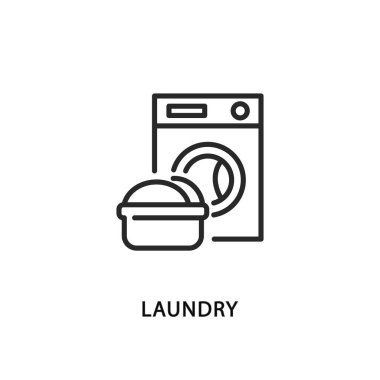 Çamaşır düz çizgi simgesi. Vektör illüstrasyon çamaşır makinesi ve leğen kemiğinin yanında