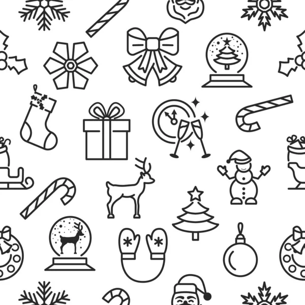 Navidad y feliz año nuevo patrón sin costuras con iconos de línea plana — Vector de stock