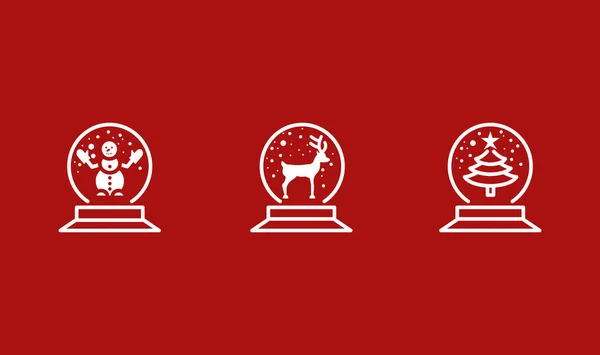 Снежный шар линии плоские иконки. Векторная иллюстрация Рождественский аксессуар. Сфера, внутри которой находится снеговик, елка и олень. Белый цвет на красном фоне. Редактируемые штрихи — стоковый вектор