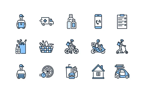 Food and medicines delivery flat line icon set blue color. Correios ilustração vetorial em diferentes transportes, moto, carro, bicicleta e scooter. Entrega de pizza. Ataques editáveis —  Vetores de Stock
