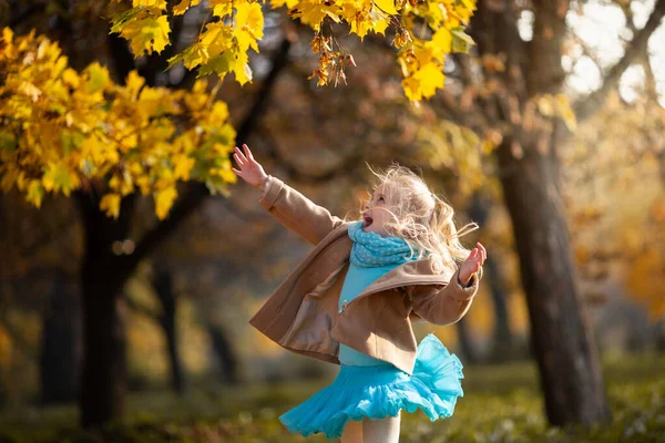 公園の紅葉に飛び込む金髪の少女 かわいい女の子は暖かい晴れた日に楽しみを持っています 幸せな感情 秋の野外活動 — ストック写真