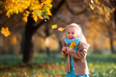 Sonbahar parkında oynayan pozitif sarışın kız. Mutlu duygusal çocuk akçaağaç yaprağı yakalıyor ve gülüyor. Sonbaharda açık hava aktiviteleri. Yaprakların düşüşü.