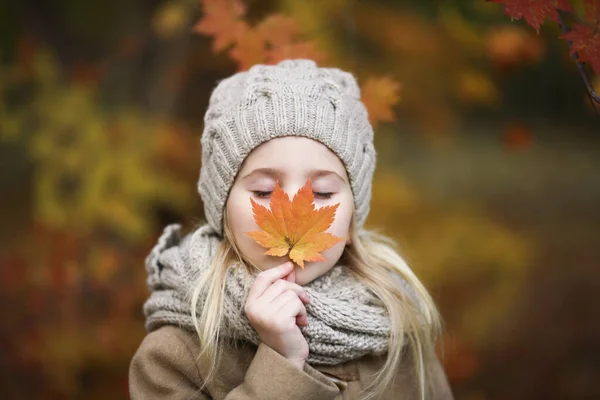 Χαριτωμένο Κοριτσάκι Κρατά Ένα Πορτοκαλί Φύλλο Σφενδάμου Κοντά Στο Πρόσωπο — Φωτογραφία Αρχείου