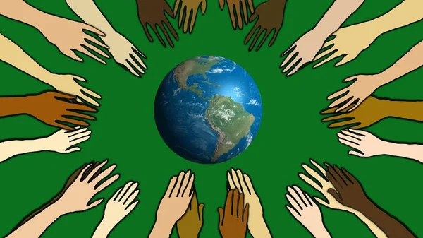 Diversity hands evoking interconnection and ecology concept. green background.