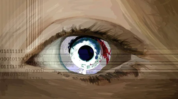 塗装された目を誘発するバイオメトリー 顔と目の認識 コンピュータコード番号の統合 — ストック写真