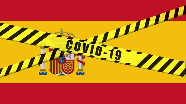COVID-19 İspanya FLAG illüstrasyonunda Siyah ve Sarı kurdele, Coronavirus tehlike bölgesi, İspanya sınırlaması, karantinaya alınmış ülke uyarısı