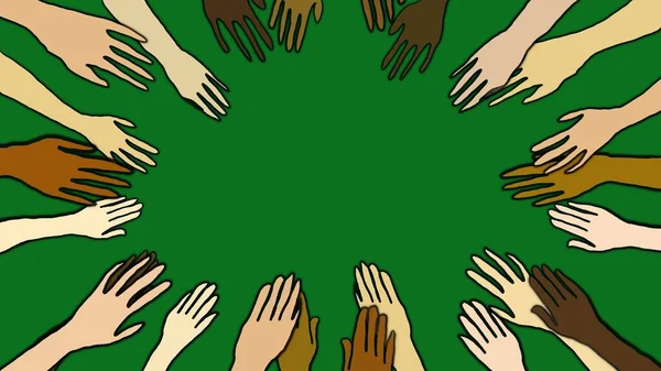 Diversity hands evoking interconnection and ecology concept. hands in circles, multicultural, green background