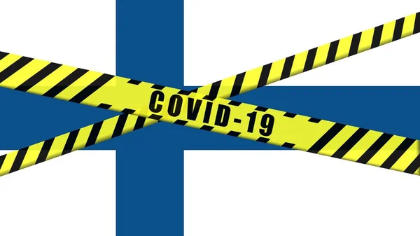Covid 19警告芬兰Flag图上的黑带和黄带 Coronavirus危险区 芬兰封闭区 被隔离的国家 — 图库照片