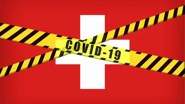 Covid 19警告Switzerland Flag示例上的黑带和黄带 Coronavirus危险区 瑞士封闭区 被隔离的国家 — 图库照片