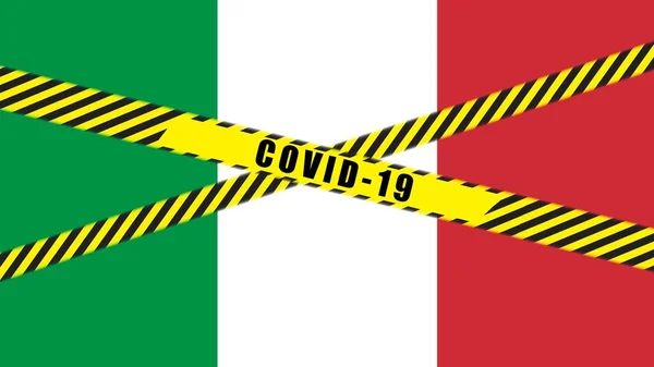 Covid Warnung Schwarz Gelbes Band Auf Italien Flag Abbildung Gefahrengebiet — Stockfoto