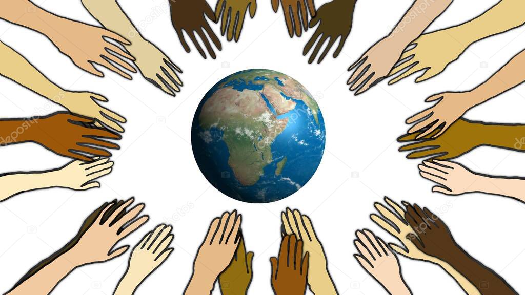 Diversity interconnection hands around earth, ecology concept. White background