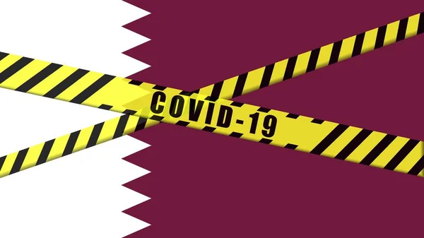 Covid Ostrzegający Czarno Żółtą Wstążkę Ilustracji Flag Kataru Obszar Zagrożenia — Zdjęcie stockowe