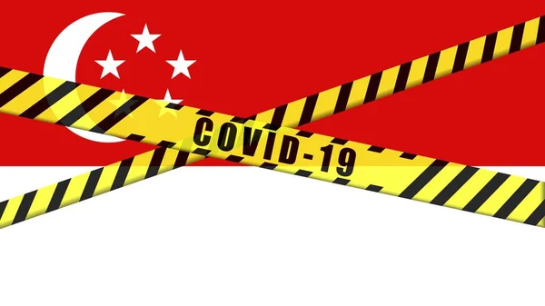 COVID-19 SINGAPORE FLAG illüstrasyonunda Siyah ve Sarı kurdele uyarısı, Coronavirus tehlike bölgesi, Singapur karantinası, karantina bölgesi