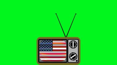 Ekranda Amerikan bayrağı olan eski moda bir televizyon çizimi. Kompozisyon, montaj ve video entegrasyonu için yeşil arkaplan. ABD seçimleri. Düz dizaynlı klasik televizyon. İzole edilmiş, kesilmiş..