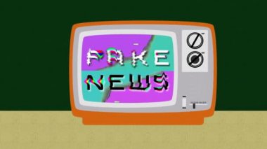 FKE NEWS sözcüğü bir retro dizayn TV 'nin düz tasarım illüstrasyonunda canlandırıldı. 3D hata stili tipografi, moda. Medya tedavisi. Yanlış bilgi.