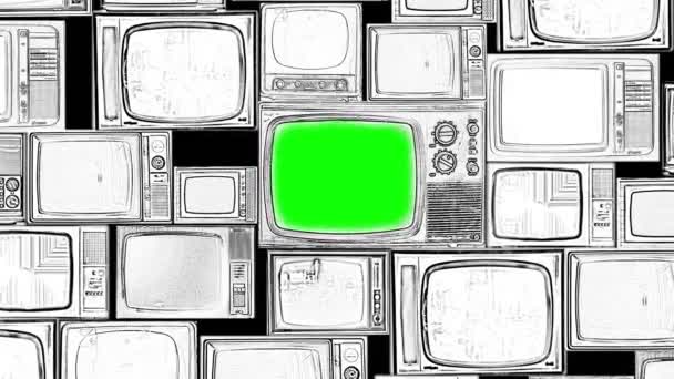 ズームし レトロなテレビの壁の間で緑の画面で設定された古いテレビで固定ショット クロマキー — ストック動画