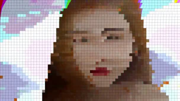 アニメ化されたピクセル化されたぼやけた顔 グリッチTv Vhsゴースト効果 ピクセルアートレトロゲーム 日本の顔 ループ — ストック動画
