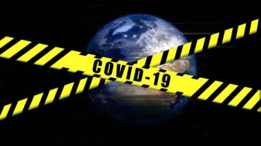 COVID-19 Dünya Gezegeni animasyonu, Coronavirüs tehlike bölgesi, küresel koruma alanı, karantina altındaki ülke hakkında Siyah ve Sarı kurdele uyarısı