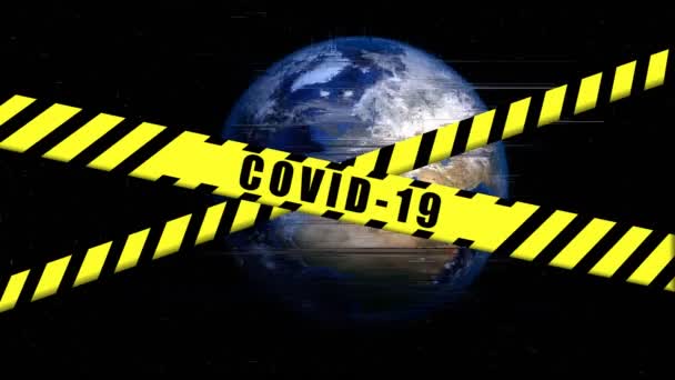 Covid Warnung Schwarz Gelbes Band Auf Erdplanet Animation Coronavirus Gefahrengebiet — Stockvideo