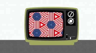 Kaleydoskopik dekoratif motiflerin Amerikan bayrağının renginde eski bir analojik televizyonun antika tarzında çizimi. Düz dizayn. Yakınlaştır, sonra sabit tut. ABD arka planı.