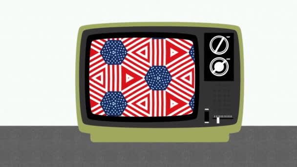 Kaleydoskopik Dekoratif Motiflerin Amerikan Bayrağının Renginde Eski Bir Analojik Televizyonun — Stok video