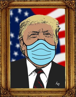 Donald Trump 'ın maske takması, Başkan' ın lüks bir çerçevede resmedilmesi, başkanlık seçimlerinin kazananının resmi portresi, covid-19 pandemik krizi, Coronavirus.