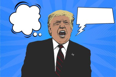 Donald Trump 'ın konuşma baloncuğu ve düşünce balonuyla konuşmasını anlatan pop sanat çizgi roman tarzında bir illüstrasyon. Metin, sözcük, çelişki, yalan, politik ikiyüzlülük ekleyecek boşluk..