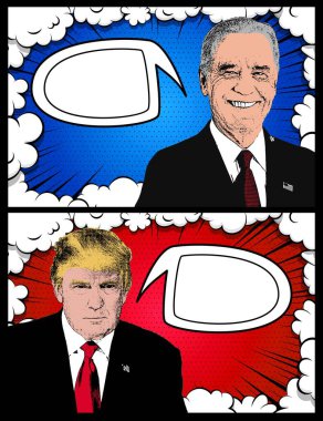 Joe Biden ve Donald Trump 'ın birbirleriyle konuştuklarını gösteren bir çizgi film kutusu. Baloncuklarla mesaj yazmak için boş bir alan. Kelime eklemek için boş alan. Biden Trump 'a karşı. Soru, cevap, diyalog. Boş çizgi roman şeritleri.
