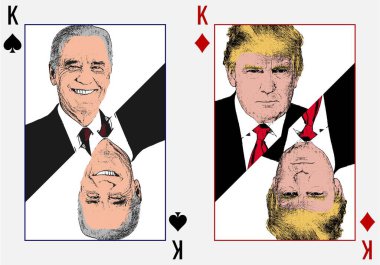 Donald Trump ve Joe Biden, kralın kağıt figürlerini betimlediler. Poker vuruşu, 2020 ABD başkanlık seçiminin ikinci turu..