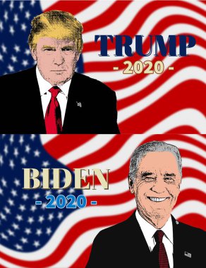 Biden 2020 kampanya posteri ve Trump 2020 kampanya posteri. Resimler, el ilanları, Amerikan bayrağı arkaplan broşürü. ABD Seçimleri, Amerikan kampanyası.