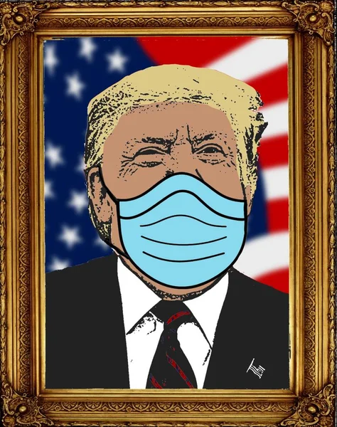 マスクを身に着けているドナルド トランプの図面 豪華なフレームでの大統領のイラスト 大統領選挙の勝者の公式肖像 Covid 19のパンデミック危機 コロナウイルス — ストック写真