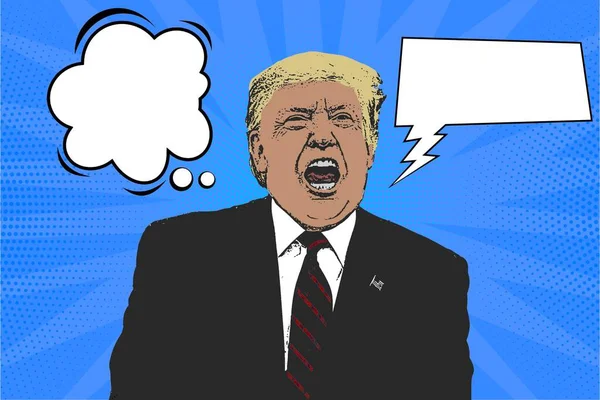 Donald Trump 'ın konuşma baloncuğu ve düşünce balonuyla konuşmasını anlatan pop sanat çizgi roman tarzında bir illüstrasyon. Metin, sözcük, çelişki, yalan, politik ikiyüzlülük ekleyecek boşluk..