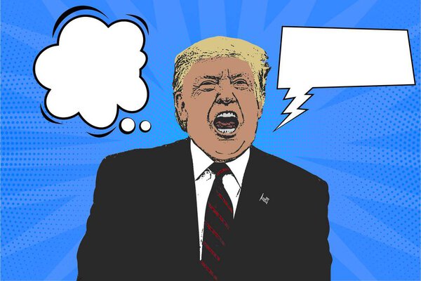 Иллюстрация в стиле поп-арт комиксов, изображающая говорящего Дональда Трампа, с пузырём речи и мыльным пузырём. Пустое место для добавления текста, слов, его противоречий, лжи, политического лицемерия.
