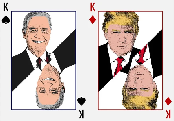 Donald Trump ve Joe Biden, kralın kağıt figürlerini betimlediler. Poker vuruşu, 2020 ABD başkanlık seçiminin ikinci turu..