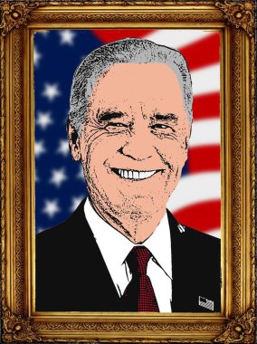 Yeni başkan Joe Biden 'ın portresi lüks bir klasik çerçevede güç, zafer, yeni kralın resmi portresi, Amerikan başkanı. Resim, çizim.