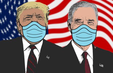 Seçim covid-19, ABD başkan adayları Joe Biden ve Donald Trump koruyucu maskeler takıyor. Sağlık krizi, koronavirüs salgını. Yüz maskesi.