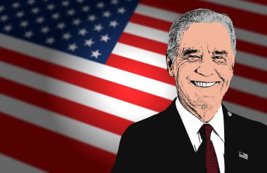 Joe Biden 'ın Amerikan bayrağının arka planında resmedilmiş hali. Kelimelerini, konuşmalarını, resmi açıklamalarını yazmak için yeri var. Metin eklemek için boşluk, kopyalama alanı. ABD.